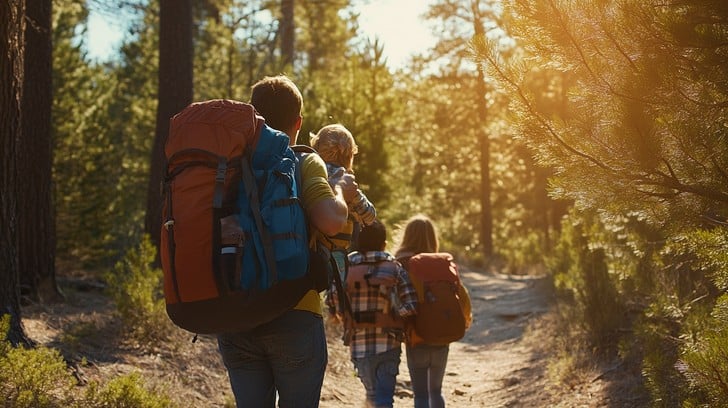 family hiking in a lush forest trail