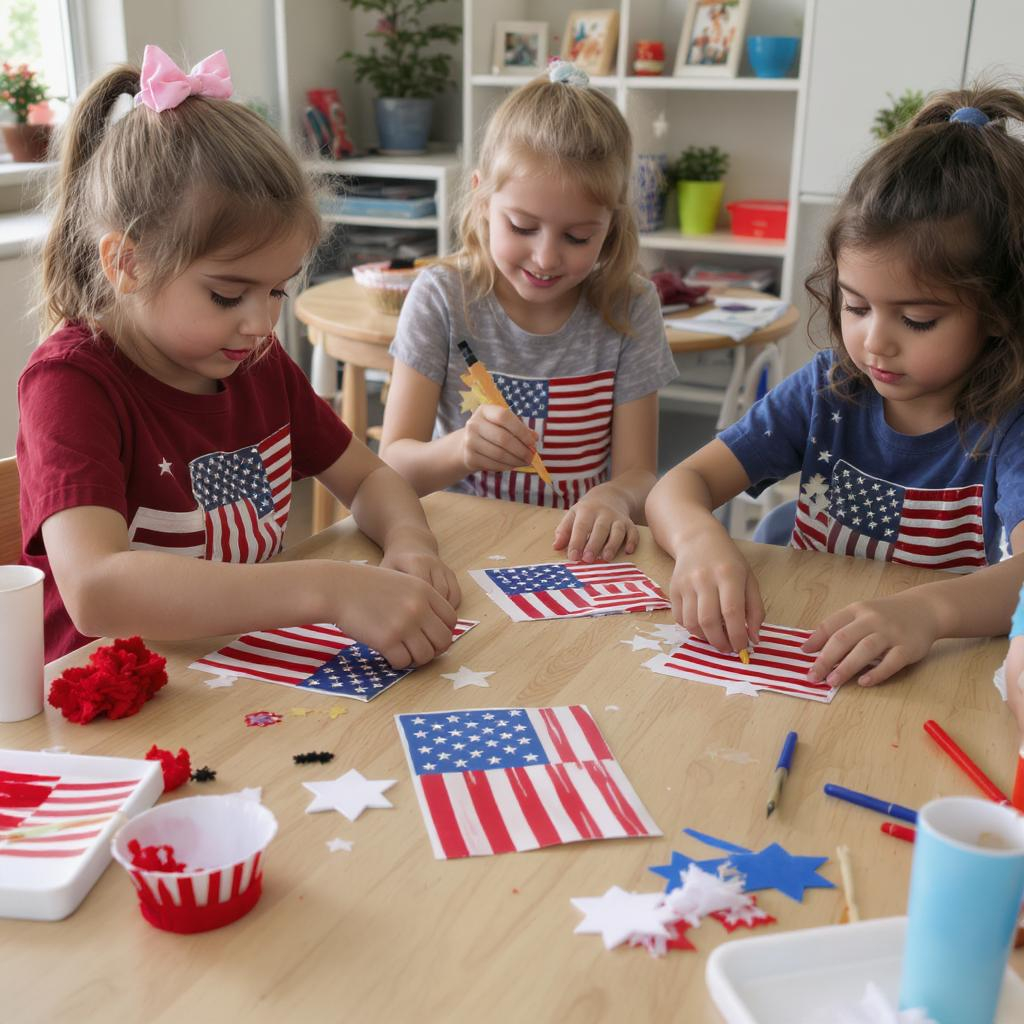 Kids making Patriotic crafts for America the beautiful Day